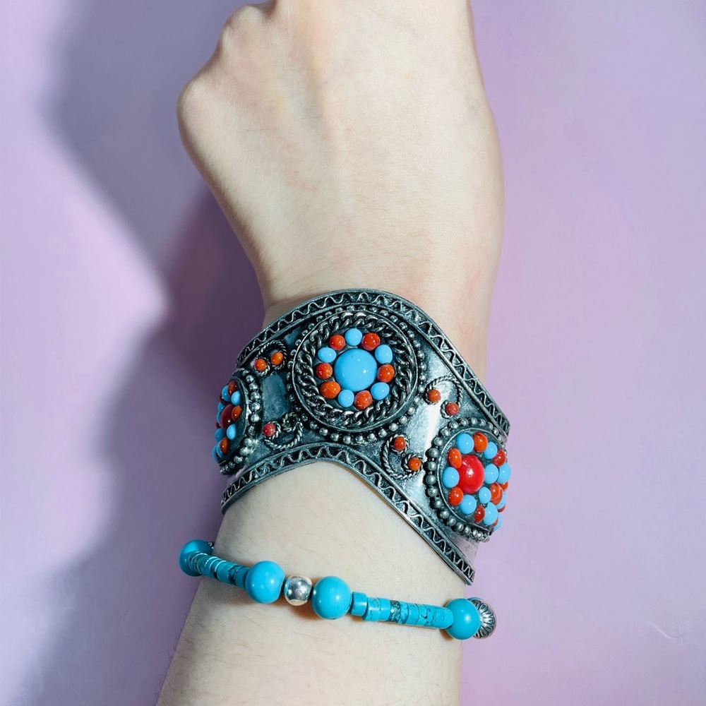 SPECTACULAR Vintage Sterling Silver CORAL & TURQUOISE Cuff BRACELET 50g